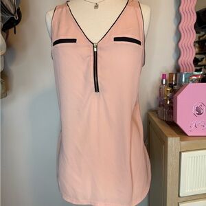 Express Light Pink V-Neck Blouse with Black Trim